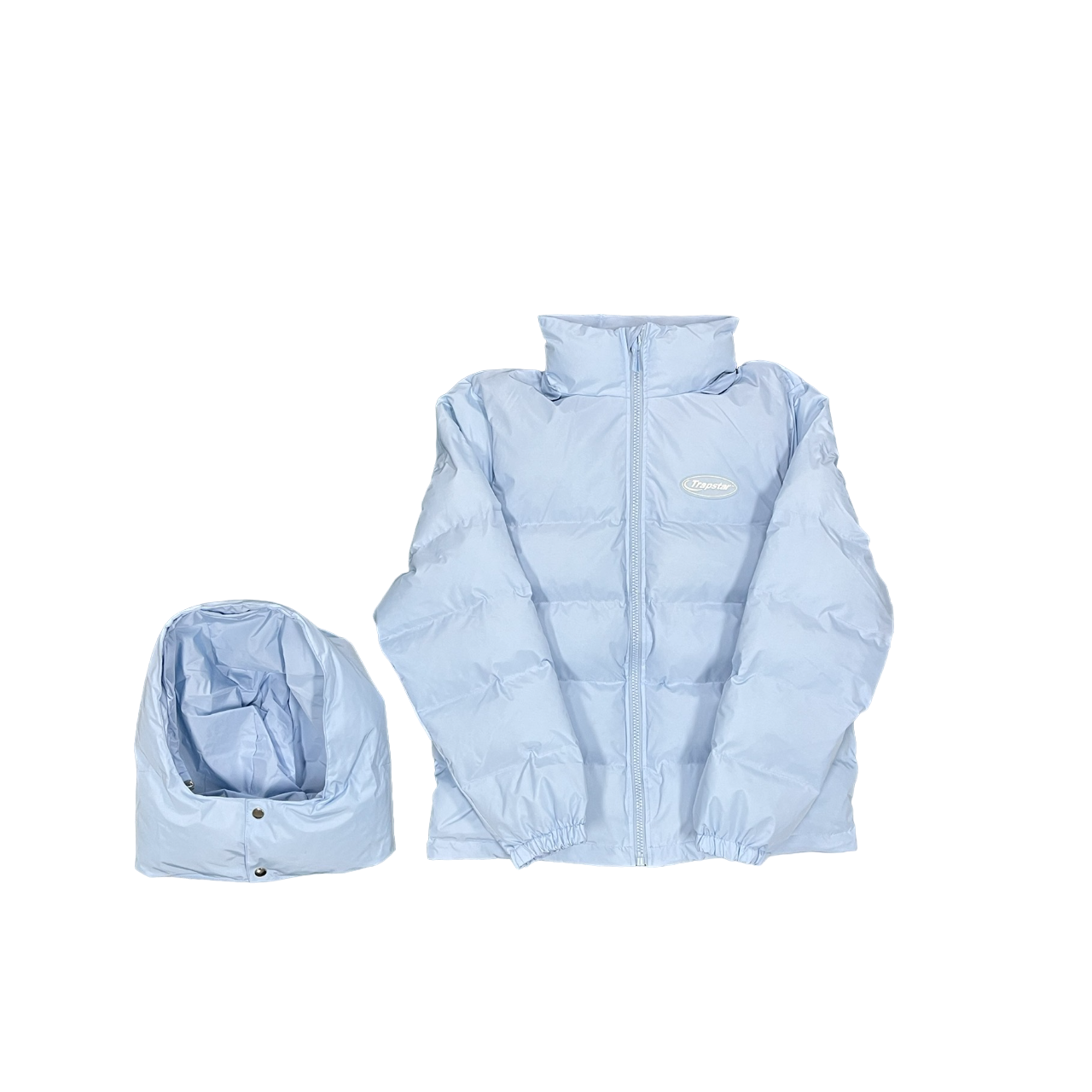 Trapstar detachable hooded puffer jacket black, ice blue and stone